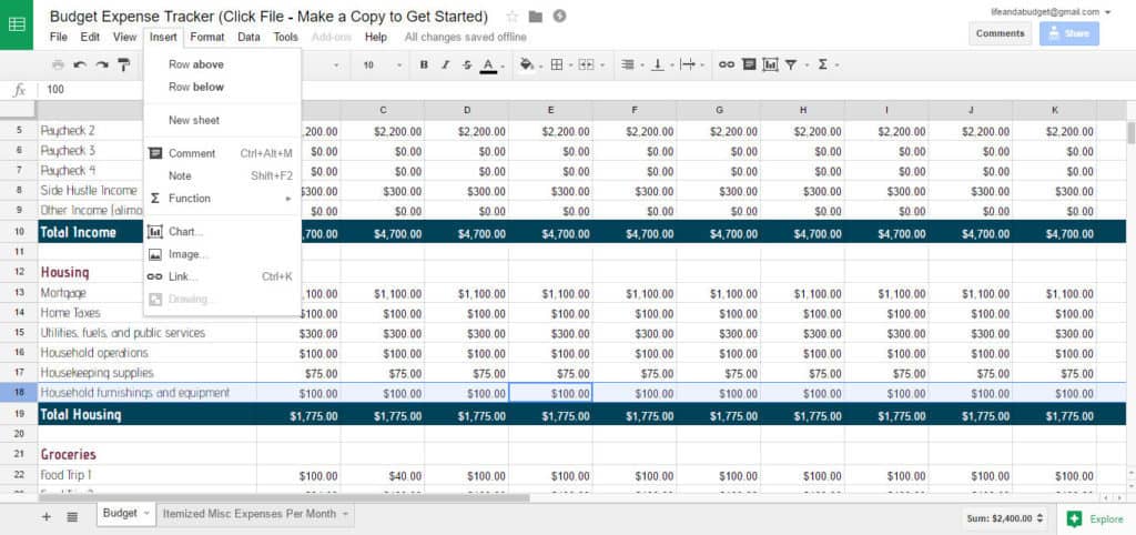 free budget spreadsheet template - add row to spreadsheet screenshot
