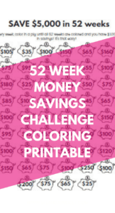 Are you looking for super cute and easy printable for the 52 week money saving challenge? If so, check out this coloring printable that will help you save $5,000 or $1,000 in 52 weeks. There’s even a blank template so you can fill in your own numbers. Get started right away with this money saving challenge printables using these great saving tips.