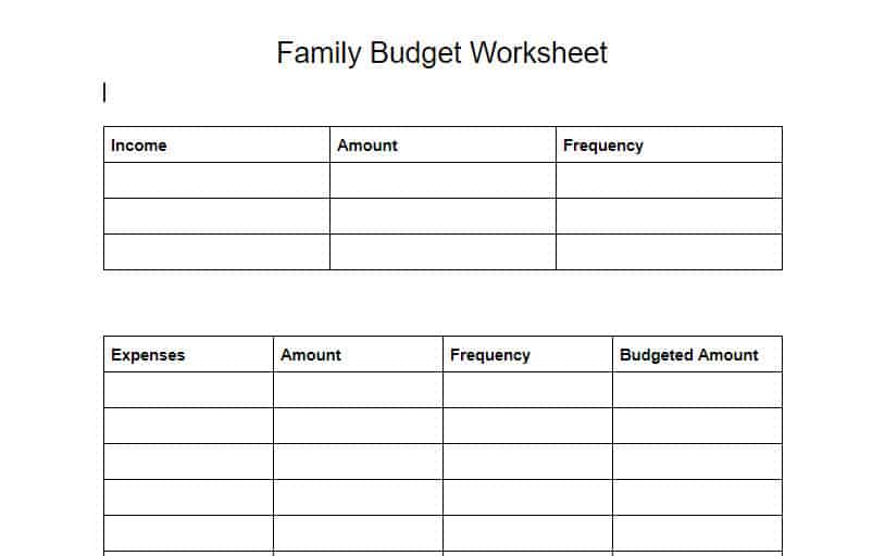 A Sample Family Budget Worksheet.