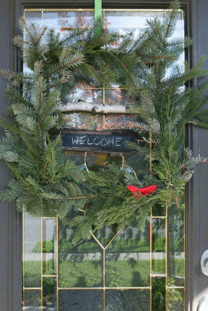 Evergreen and birch branch square Christmas wreath front door SustainMyCraftHabit 9086 683x1024